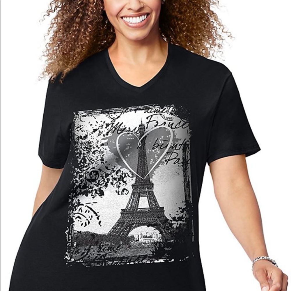 JUST MY SIZE Womens V-Neck Short Sleeve Eiffel Tower Graphic Tee-NWOT